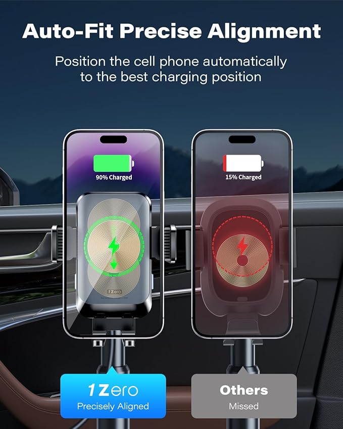 1Zero Auto Clamping Wireless Car Charger Sturdy Cup Phone Holder Mount 15W Fast Charging for iPhone 16 15 Pro Max Plus 14 13 12 11 XS X Samsung S24 Ultra S23 S22 S22 S21 S20 Pixel 8 Pro 7 6 5 4