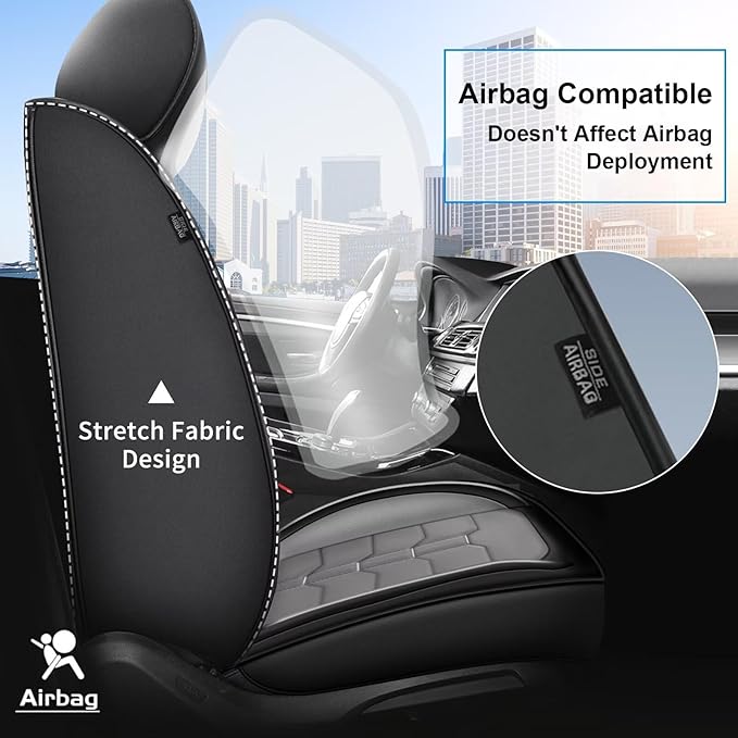 Seat Covers Fit for Chevrolet Chevy Bolt 2017-2025 2PCS Front Car Seat Covers Faux Leather Seat Cushion Waterproof Auto Protectors(Black & Grey)-2 Front Seat Covers