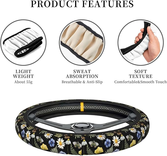 Wildflower Steering Wheel Cover for Men Women Universal Car Accessories 15 Inch Neoprene Auto Interior Decor