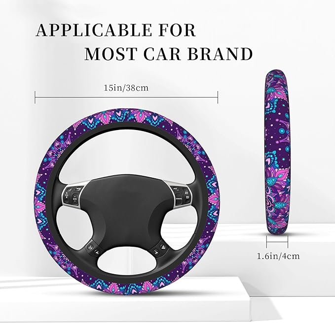 Purple Galaxy Flower Steering Wheel Cover for Women Girls Abstract Mandala Floral Universal 15 Inch Auto Neoprene Case Anti-Slip Car Wheel Protector