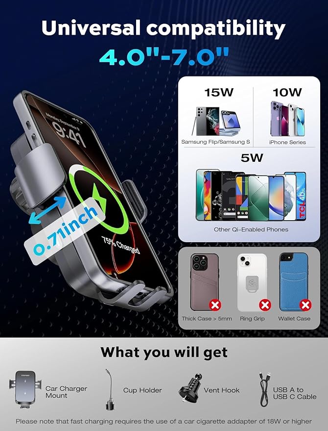 TOPGO Dual Coil Cup Phone Mount Wireless Charger, Universal Cell Phone Holder, Cup Holder 15W Fast Charging for iPhone 17 16 Pro Max, Samsung Galaxy - Black