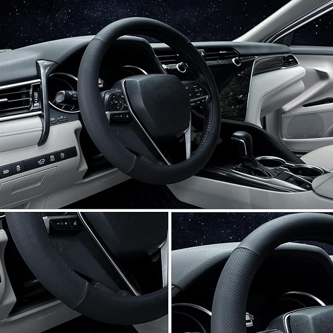 Steering Wheel Cover Standard Size 14.5-15 inch, Non-Slip Car Wheel Cover Protector, Breathable Microfiber Leather, Black