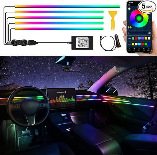 Acrylic Interior Car LED Strip Light with Wireless APP, RGB Dreamcolor 5 in 1 Ambient Lighting Kits, 16 Million Colors Sound Active Function Car Neon Lights, Sync to Music (dreamcolor 5 in 1)