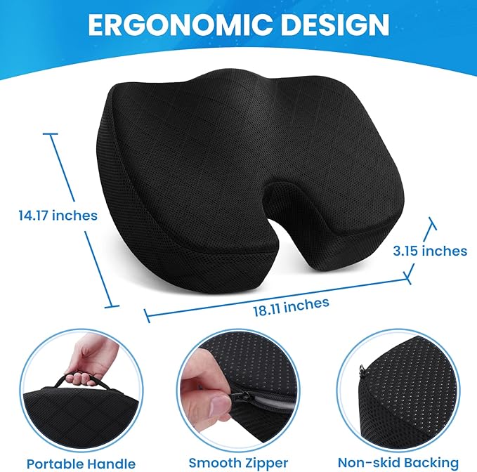 TushGuard Office/ Car Seat Cushion, Non-Slip Sciatica & Back Coccyx Tailbone Pain Relief Chair Pad, Memory Foam Butt Pillow for Computer Desk, Wheelchair, Driving (Black)