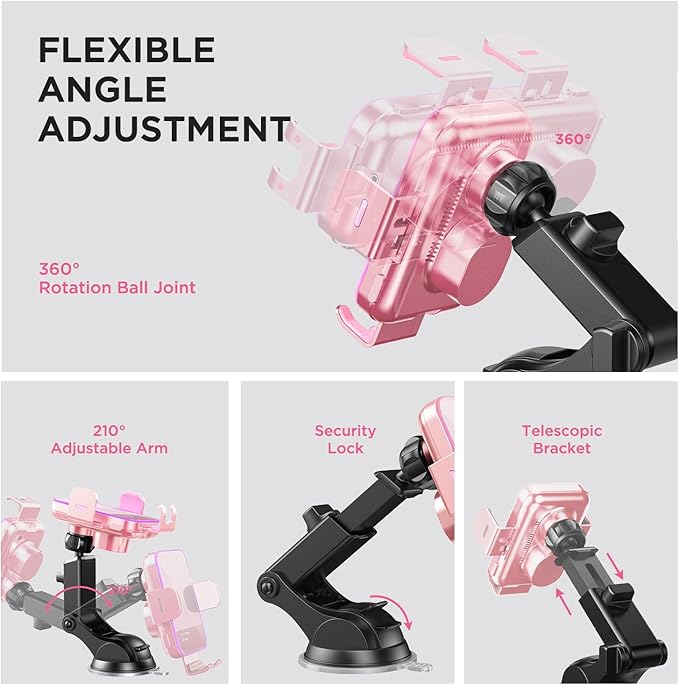 Wireless Car Charger,【7 Colored LED Backlit】 15W Auto Clamping Car Charger Phone Mount Holder fit for iPhone 14 13 12 Mini Pro Max 11 XR XS, Samsung Galaxy S23 Ultra S22 S21+ S10+ Note 20, etc - Pink