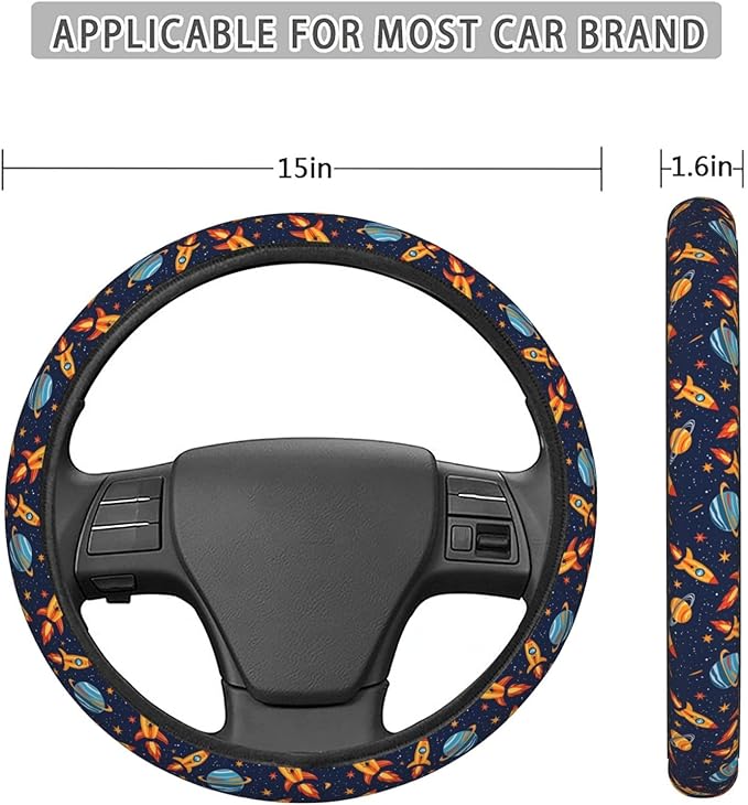 Rockets Planets Space Steering Wheel Covers Anti-Slip Elasticity Car Accessories Steering Wheel Protector Universal 15 Inch for Cars SUV Vehicle Truck