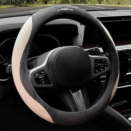 OURTIME Faux Suede Car Steering Wheel Cover, Universal 15 inch,Anti-Slip, Comfortable, Soft,Microfiber Breathable Suede Fabric,Warm in Winter and Cool in Summer (Gray with Pink)