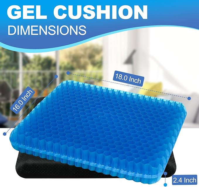 Gel Seat Cushion for Long Sitting - 18" x 16" x 2.4" (Extra Thick＆Soft) Gel Cushion for People Over 200 lbs, Pressure Relief Cushion for Office Chair, Egg Cushions for Wheelchair, Gel Pad for Car