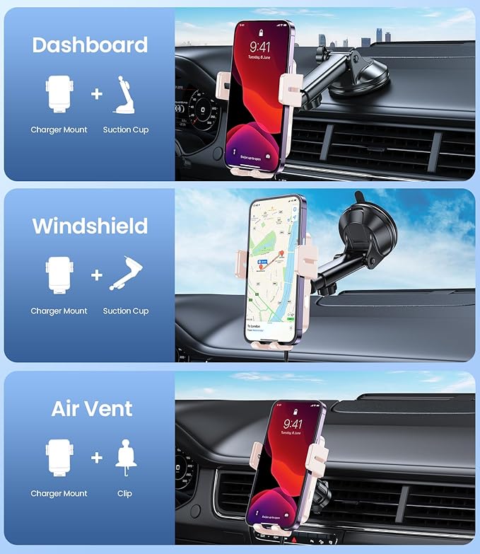 Wireless Car Charger, MOKPR 15W Fast Charging Auto-Clamping Car Mount Hands-Free Car Charger Mount for Dash Windshield Air Vent Compatible with iPhone 16 15/14/13/12, Samsung S23/S22/S21 Pink