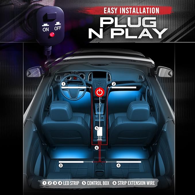 OPT7 Aura Double Row Car LED Lights Interior with Wireless Remote Control, Multicolor Mode, Sound Active Function Inside Ambient Lighting Kit, Footwell Floor Decor, Charger Adapter 12V, 4pc