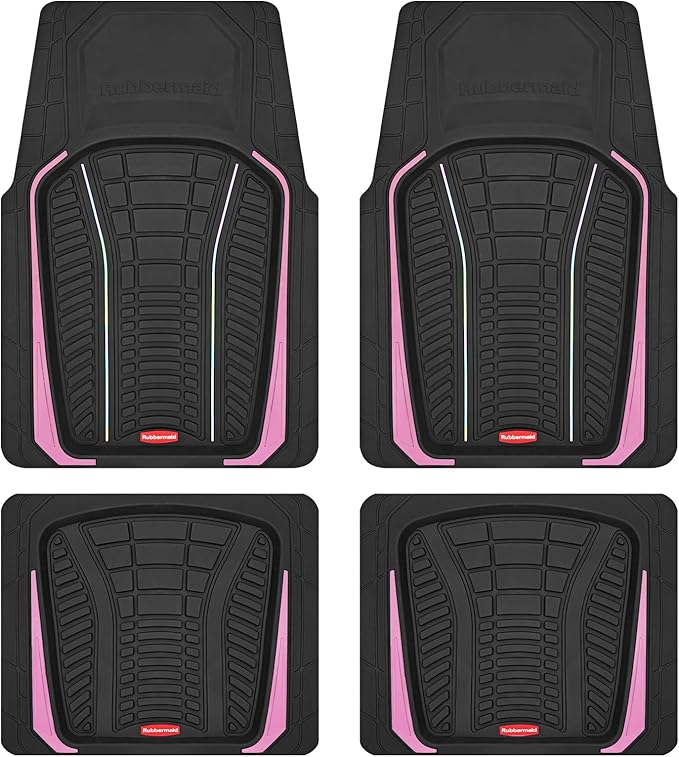 Rubbermaid Car Floor Mats Full Set – Premium All-Weather Car Mat with Brushed Aluminum Inserts, Universal Trim-to-Fit Design, Anti-Slip Backing for Cars, SUVs, Trucks, and Vans