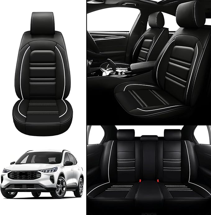 Seat Covers for Ford Escape 2001-2025 | 5-Seats Leather Seat Covers, Easy to Install Automotive Seat Covers Full Set (Full Set, Black&White Line)