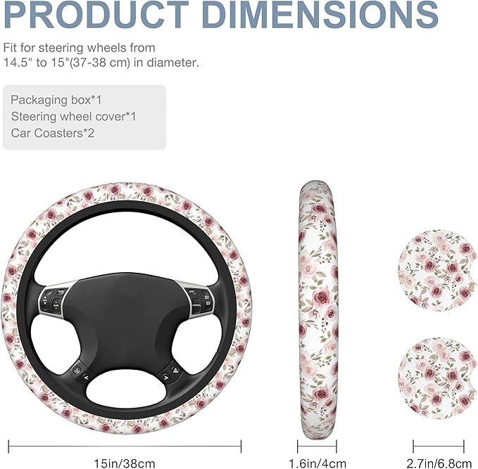 Watercolor Pink Flowers and Burgundy Roses Car Steering Wheel Cover for Women Men with 2 Pcs Car Coasters,Universal 15Inch Steering Wheel Covers Anti-Slip and Practical Auto Accessories Fit Auto,Suvs