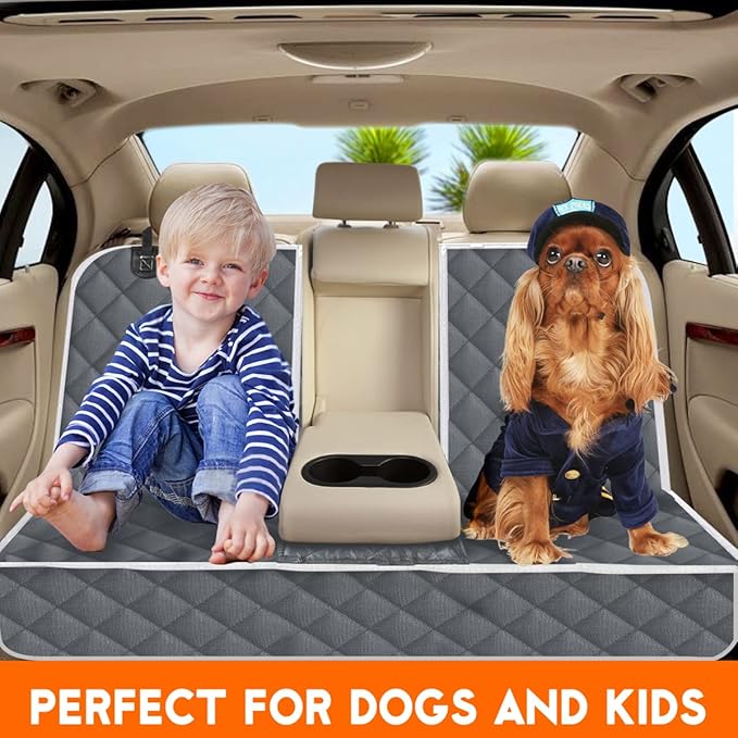 Dog Car Cover for Back Seat Pet Protector Waterproof Bench Car Seat Cover, Nonslip Rear Seat Cover fits Middle Armrest for Most Cars Trucks SUVs - Grey