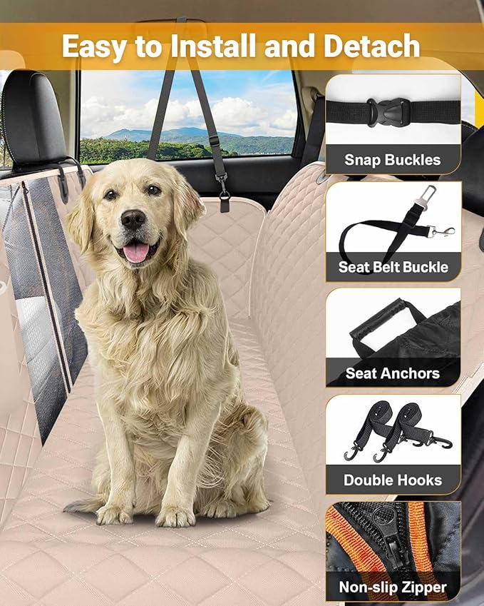 Dog Car Seat Cover, 600D Heavy Durable Dog Seat Cover for Back Seat, 100% Waterproof Scratch Proof Nonslip Dog Hammock for Car with Side Flap, Pet Back Seat Covers for Cars with Seatbelt Khaki
