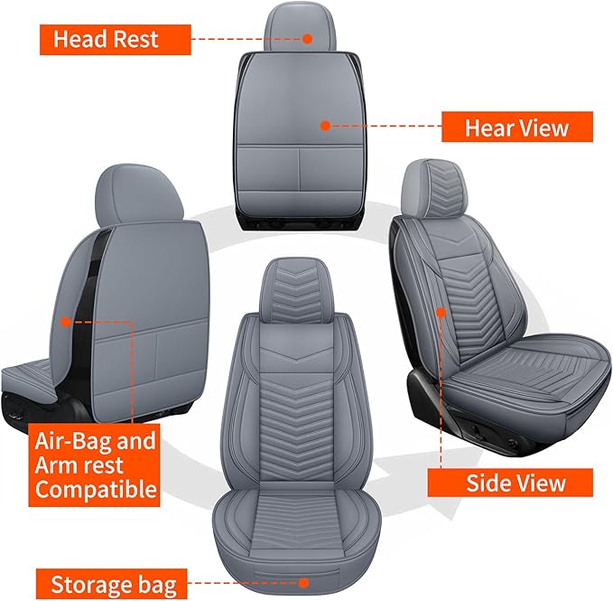 Leather Car Seat Covers,Breathable and Waterproof Faux Leather Automotive Seat Covers for Cars,Universal Driver Seat Cover for Most SUV Truck Sedan(Style1,2 PCS Front Seat,Grey)
