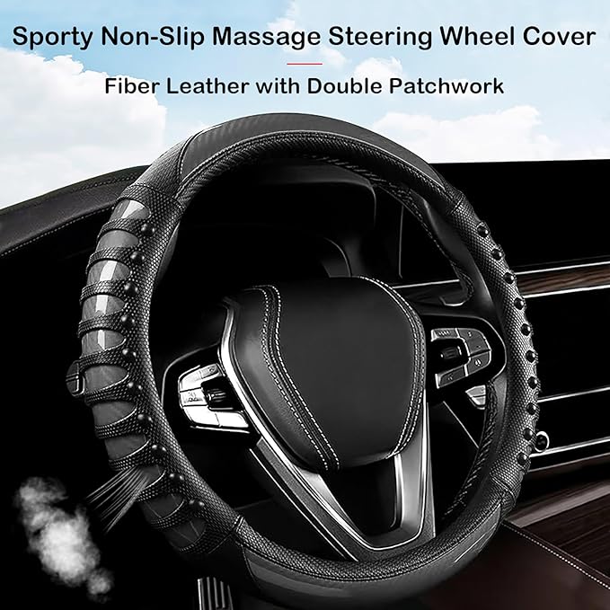 3D Massage Car Steering Wheel Cover,14.5-15 Inch Universal Black Carbon Fibre Leather Covers Breathable Anti-Slip Odorless Steering Wheels Accessories for Men Women