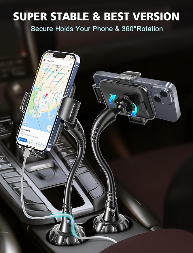 TOPGO Cup Phone Holder for Car [2025 Upgraded Ultra-Sturdy & Non-Shaking] Car Phone Mount with Adjustable Long Gooseneck Cell Phone Automobile Cradles for iPhone 16 Pro Max and More Smartphone - Black