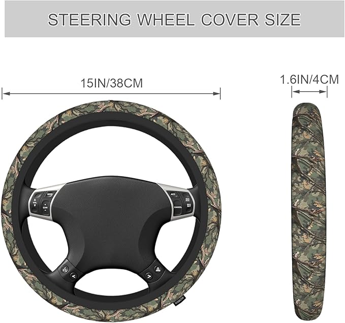Wood Camo Steering Wheel Covers Green Brown Wood Fall Camouflage Car Wheel Cover 15 Inch Steering Wheel Cover Car Steering Wheel Protective Cover Steering Wheel Cover with Grip