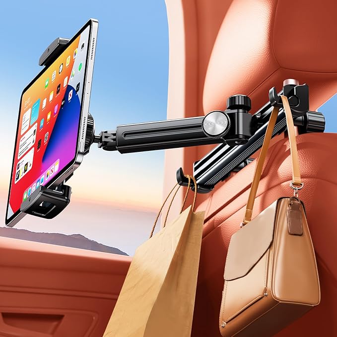 Extension Arm Tablet Holder for Car Headrest, Adjustable iPad Holder for Car Backseat Rear Facing for Kids Baby, Car Mount Fit for 4.7"-13" Cell Phone iPad mini Air Pro 12.9 Switch Fire, Black