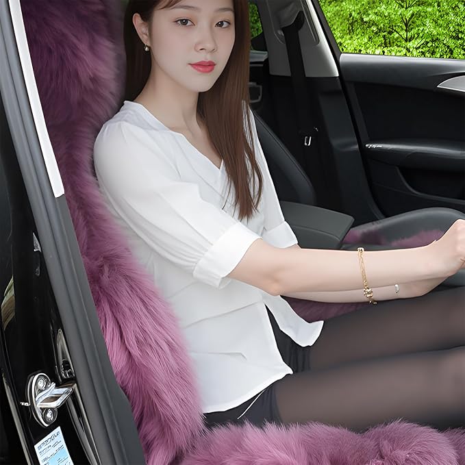 Fluffy Sheepskin Car Seat Cover-Fuzzy Fur Auto Cushion for Universal Automotive Protector (Black, 1 Pcs Front Seat Cover)