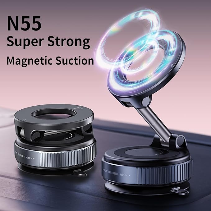 DreamBee Vacuum Magnetic Car Phone Holder-360°Rotatable Car Suction Cup Phone Mount for All Smartphones on Smooth Surfaces(80+LBS Strongest Suction&2400gf Strongest Magnetic)