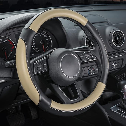 SEG Direct Car Steering Wheel Cover for Medium Standard Size Steering Wheels with 14 1/2-15 inches Outer Diameter, Black and Beige Microfiber Leather