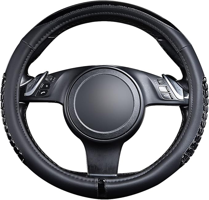 Flying Banner car Steering Wheel Cover Gel Massage Velvet Cool Warm Universal Size 15 inches SUV Truck Anti Slip Odorless Summer Winter (Black Black, Gel Massage)