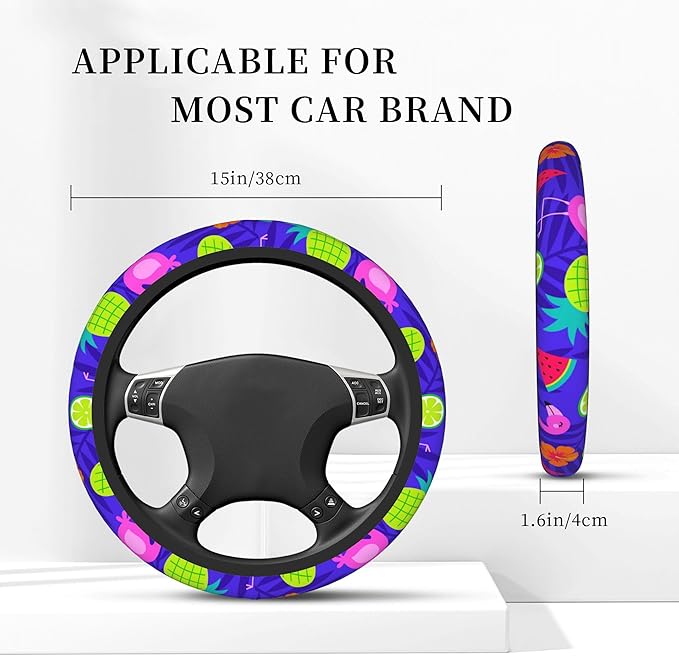 Tropical Flamingo Steering Wheel Covers Hibiscus Fruit Universal 15 Inch Car Wheel Cover,Anti-Slip Breathable Car Accessories Protector Fit for Trucks,Sedans,SUVs,Vans