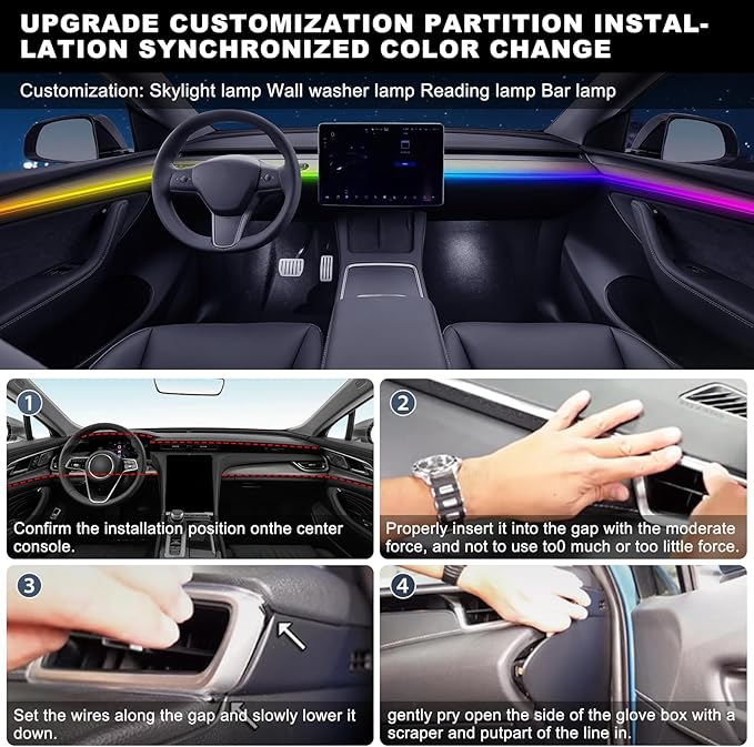 Dreamcolor Acrylic Interior Car LED Strip Light with USB Hub, 55.1 inches Fiber Optic Ambient Lighting Kits, RGB+IC Colors Sound Active Function Neon LED Strip