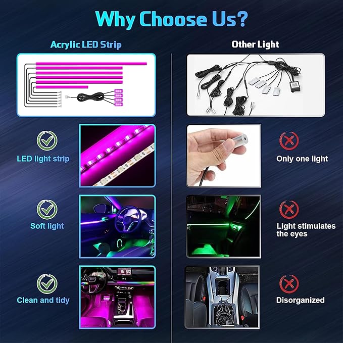 WEBUPAR Acrylic Interior Car Lights, Car Accessories 10 in 1 Car LED Strip Lights with APP Control, 175 inches 593 LEDs Fiber Optic Lights, RGB Neon Car Ambient Lighting Kits