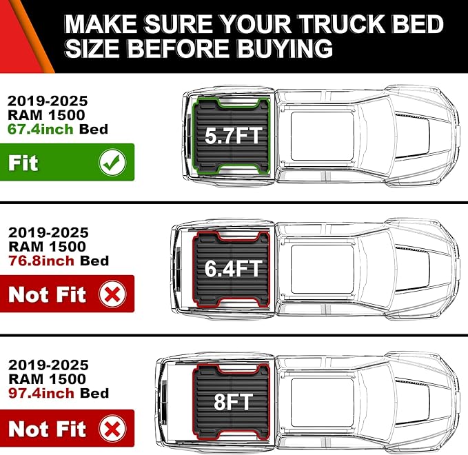 WEIZE Truck Bed Mat for Ram1500/Ram 1500 Classic 2019-2025 2026 5.7ft (5'8.4",67.4in), All Weather Protection TPE Truck Bed Liner Durable Easy Clean Black