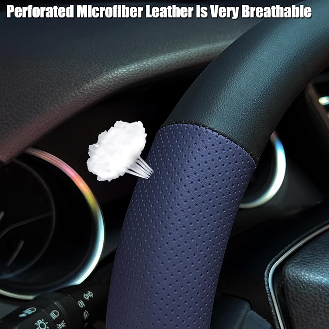 Steering Wheel Cover Standard Size 14.5-15 inch, Non-Slip Car Wheel Cover Protector, Breathable Microfiber Leather, Black and Blue