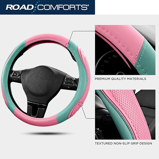 Road Comforts Car Steering Wheel Cover - Microfiber Leather Steering Wheel Wrap Sports 14.5-15 Inch Steering Wheel Cover Non-Slip for Men Women Pink & Green Color