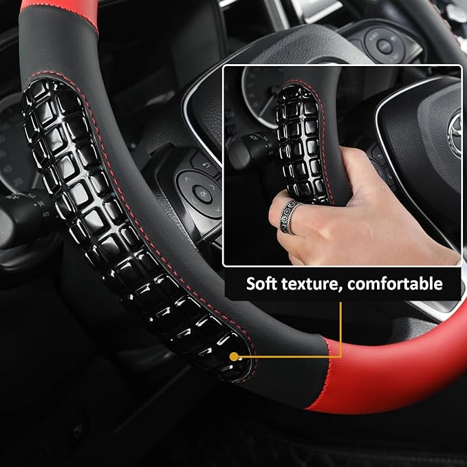 West Llama Nappa Leather Car Steering Wheel Cover Gel Massage,Cool in Summer,Universal 15 inch(Red+Black-Standard Size)