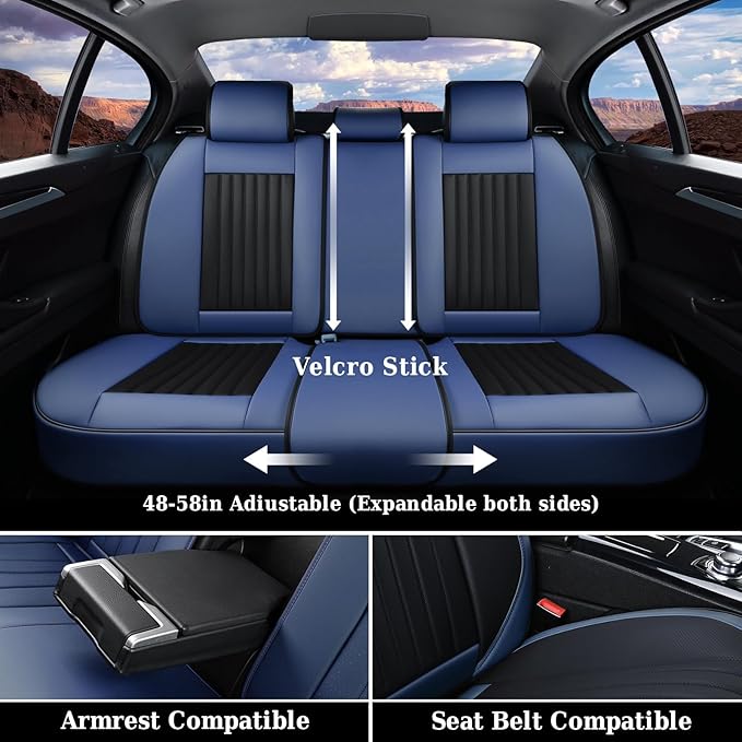 Coverado Car Seat Covers Full Set, Nappa Leather Seat Covers for Cars, Car Seat Cushion Car Seat Protector, Front and Back Seat Protectors Cushions Universal Fit for Most Cars Vehicles(Blue&Black)