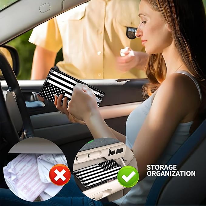 Leather Car Registration and Insurance Card Holder, Cute Car Accessories Vehicle Glove Box Car Organizer for Documents, Cards, License Retro American Flag