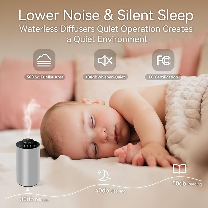 Waterless Essential Oil Diffuser Battery Operated Cordless Aromatherapy Diffuser with Timing & 3 Mist Levels car Diffuser，Silver Aluminum Alloy