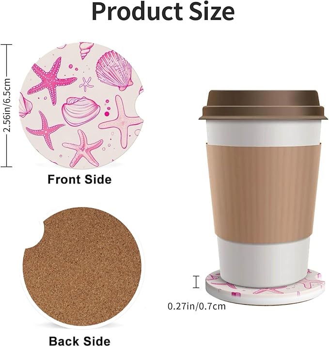 Absorbent Car Coasters for Cup Holders, 2 Pack Universal Anti Slip Ceramic Cup Coaster for Women Men 2.56 Inch Car Interior Accessories - Pink Sea Shell 014