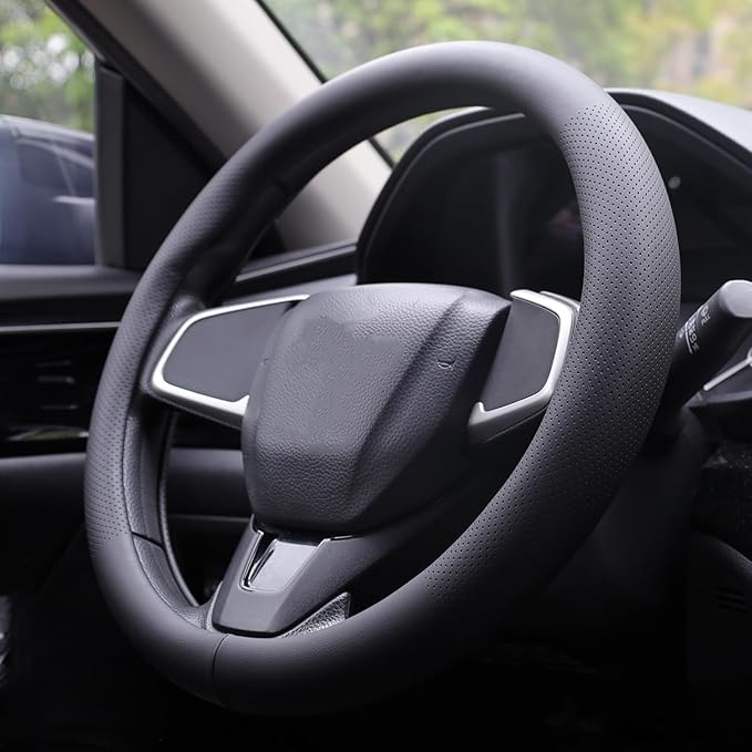 XHRING Car Steering Wheel Cover for Ford F150 F250 Raptor F250 Super Duty F350 Expedition Accessories F-150 XL XLT Lariat King Ranch Platinum Limited Lightning Tremor Leather Black 15 ½''-16''