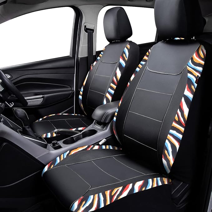Flying Banner car seat Covers Protects Water Proof Faux Leather Carbon Fiber Fronts Rear Bench Covers (Muti-Color Zebra Black, Full Set - 8PCS)