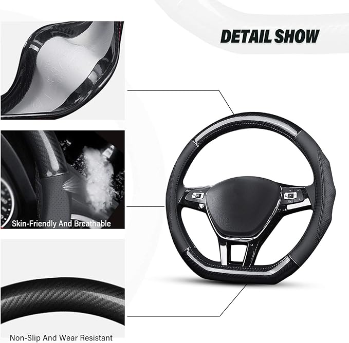 Ergocar Car Steering Wheel Cover Non-Slip Car Steering Wheel Protector Sport D-Shape Carbon Fiber & First Layer Cowhide Universal for Diameter 38cm(15") (D-Black)