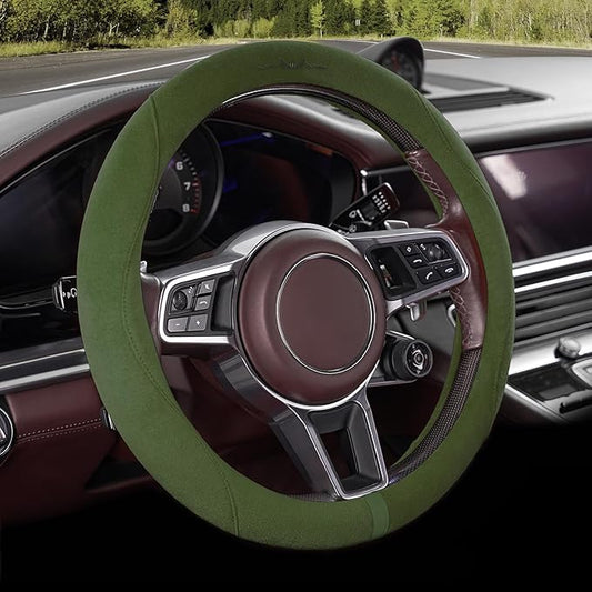 OURTIME Faux Suede Car Steering Wheel Cover, Universal 15 inch,Non-Slip,Comfortable,Soft,Microfiber Breathable Suede Fabric,Warm in Winter and Cool in Summer (Green)