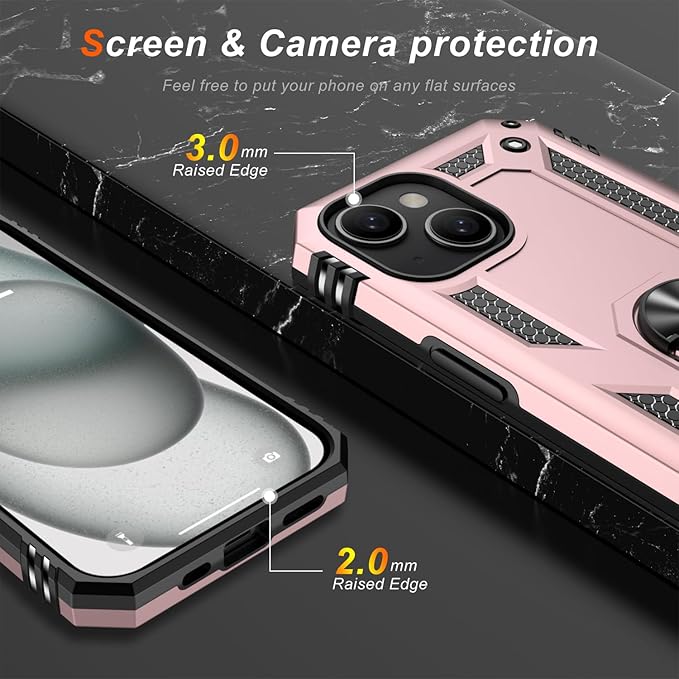 IKAZZ for iPhone 13 Case 6.1 Inch with Screen Protector,Military Grade Shockproof Heavy Duty Protective Phone Cover Pass 16ft Drop Test with Magnetic Kickstand Car Mount Holder,Rose Gold