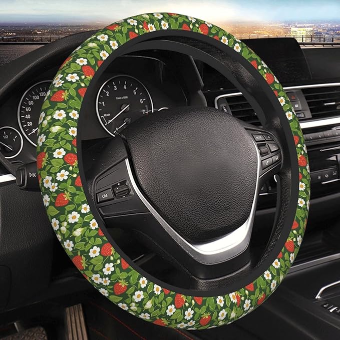 White Flowers Strawberry Steering Wheel Cover for Women Girls, 15 Inches Anti-Slip Steering Wheel Cover for Auto Truck SUV