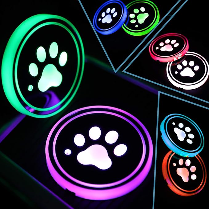 ACODABLEM 2 Pack LED Cup Holder Lights, Dog Paw Car Coaster with 7 Colors Changing USB Charging Mat, Luminescent Cup Pad Interior Atmosphere Lamp Decoration Light (Multi)