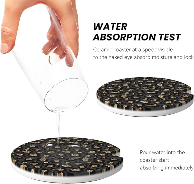 Absorbent Car Coasters for Cup Holders, 2 Pack Universal Anti Slip Ceramic Cup Coaster for Women Men 2.56 Inch Car Interior Accessories - Black Gold Leopard 003