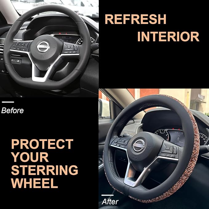 PINCTROT D Shaped Chenille Leather Steering Wheel Cover, Soft Mottled Colors, Sweat-Proof, Non-Slip Grip, All-Season Comfort, Flat Bottom 14.5-15 Inch(Mottled Red)