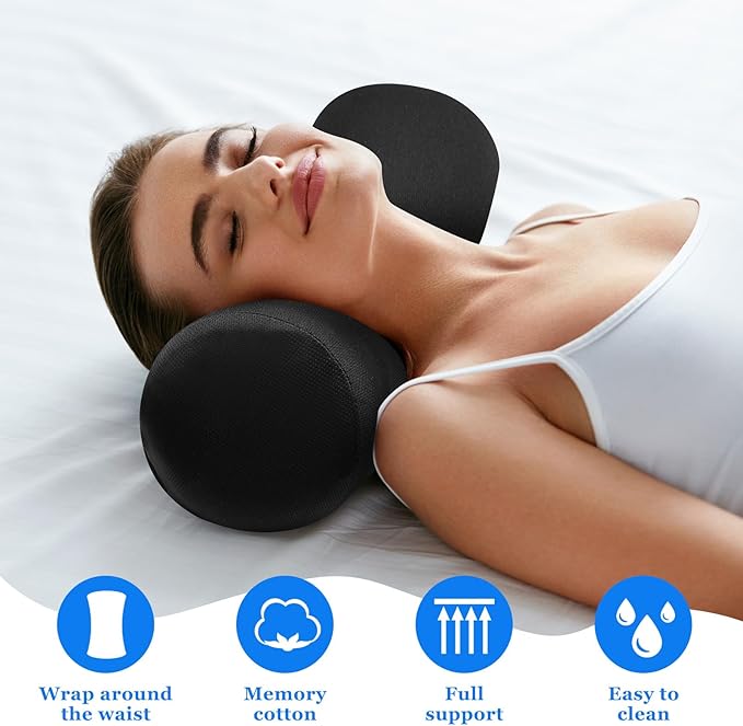 Wenqik 2 Pcs Lumbar Support Pillow Lumbar Roll Lower Pillow Office Seat Cushion with Adjustable Strap and Washable Cover for Travel Gaming Chair Car Seat Pain Relief(Black)