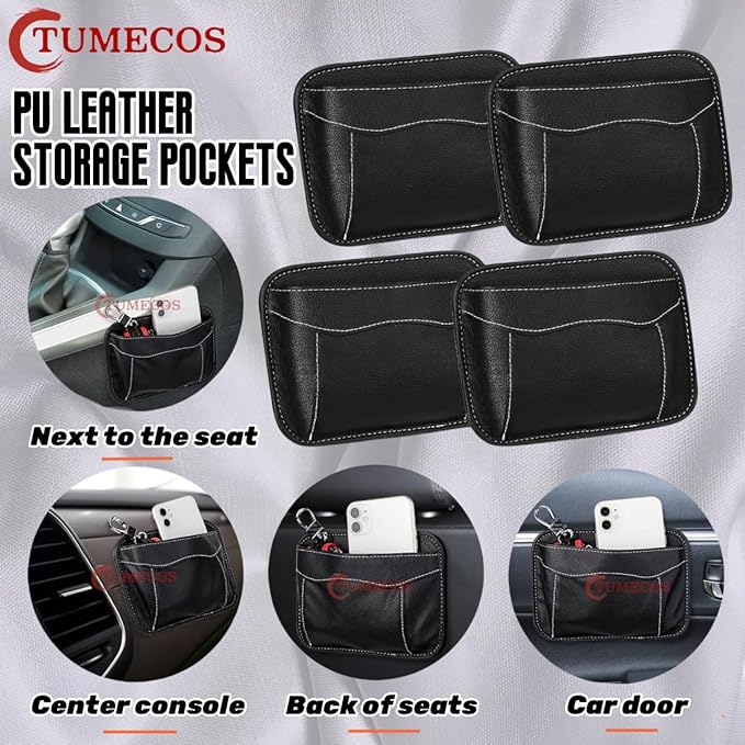 Tumecos Car Side Pocket Organizer PU Leather Seat Side Storage BagSmall Debris Organizer Hanging Cell Phone Mobile Paste Type Bag for Stowing Tidy Universal Accessories（BlackB-2pcs）